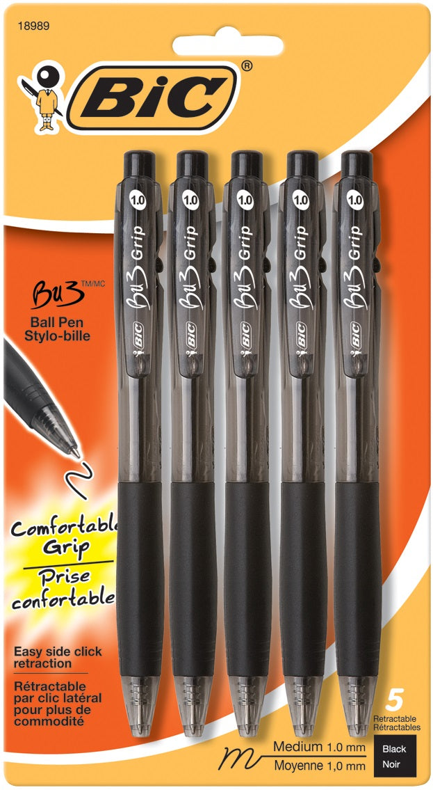 Bic BU3 Retractable Ballpoint Pens Medium 1.0mm Black 5/Pack