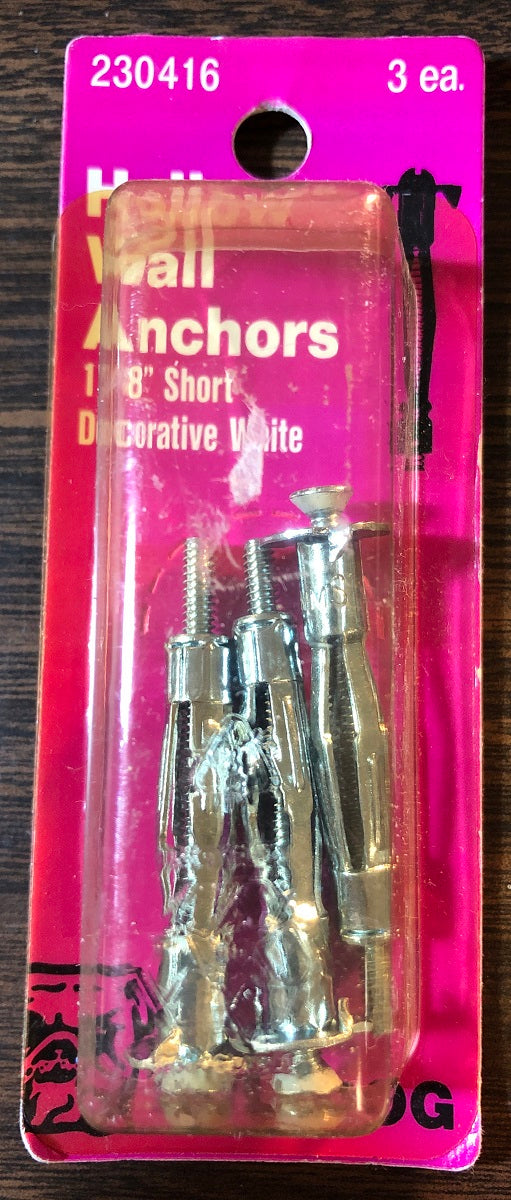 Hollow Wall Anchors 1/8" Short Decorative White 3-Pack