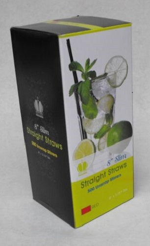 500 8" Slim Red Unwrapped Straight Straws/Stirrers