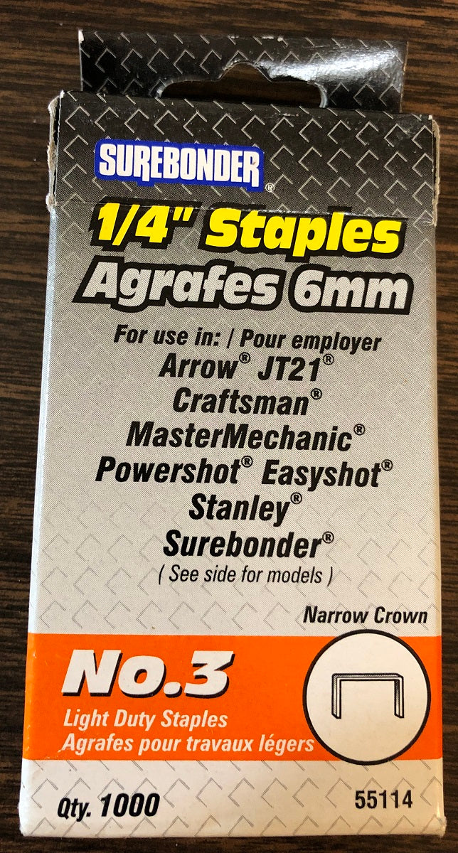 Surebonder 1/4" #3 Light Duty Staples (Narrow Crown) (1000 ct)