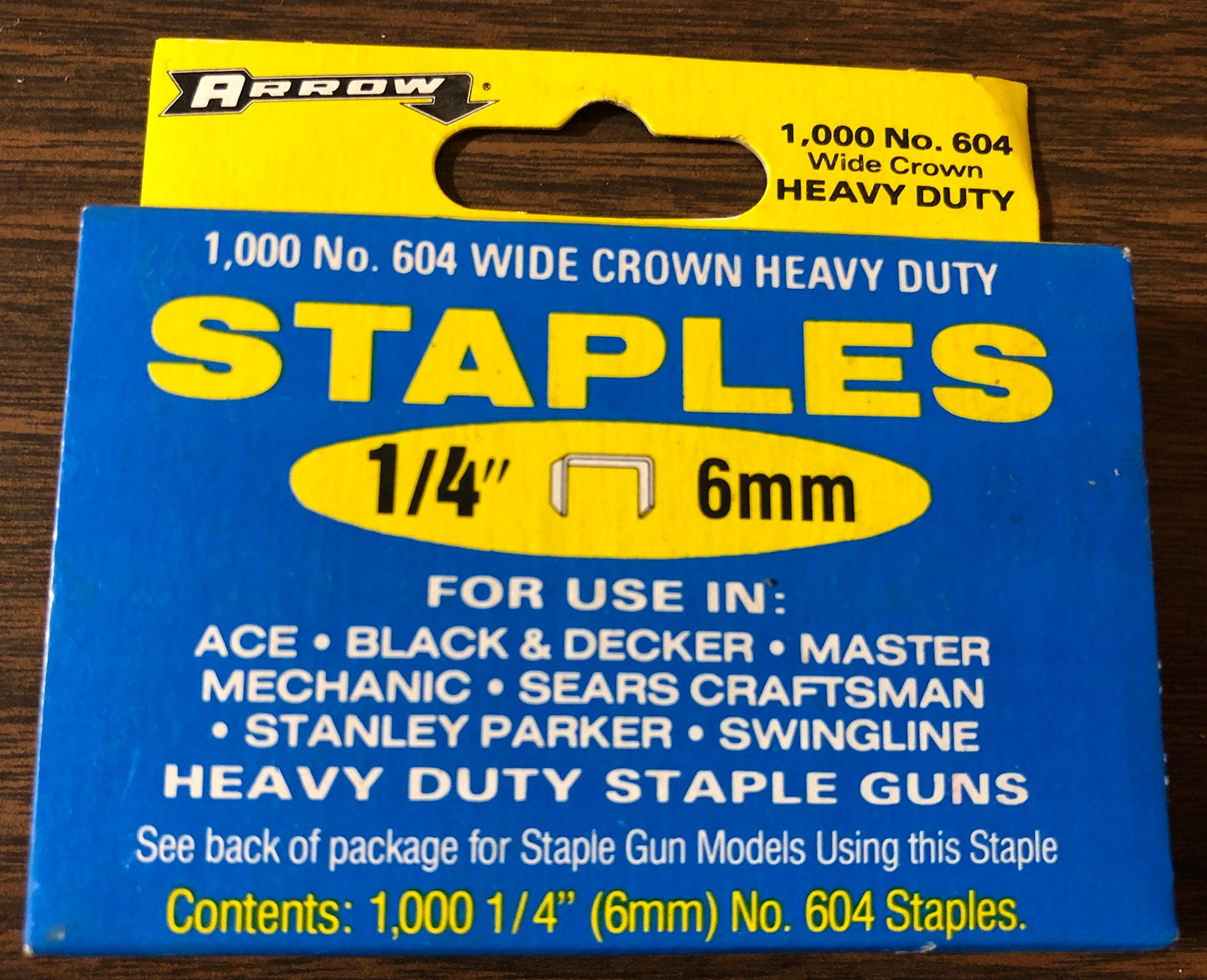 NOS Arrow No. 604 Wide Crown Heavy Duty 1/4" (6mm) Staples (1000 ct)