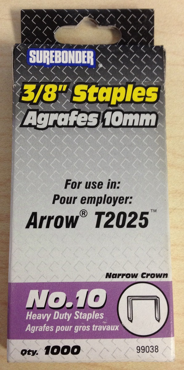 Surebonder 3/8" #10 Narrow Crown Heavy Duty Staples (1000 ct)