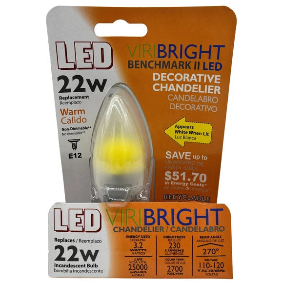 22W Equivalent Chandelier B11 E12 LED Light Bulb in 2700K Warm White Color