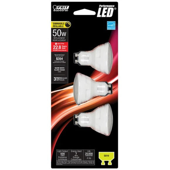 3-Pack Feit Electric MR16 GU10 LED Bulb Dimmable Warm White 50W