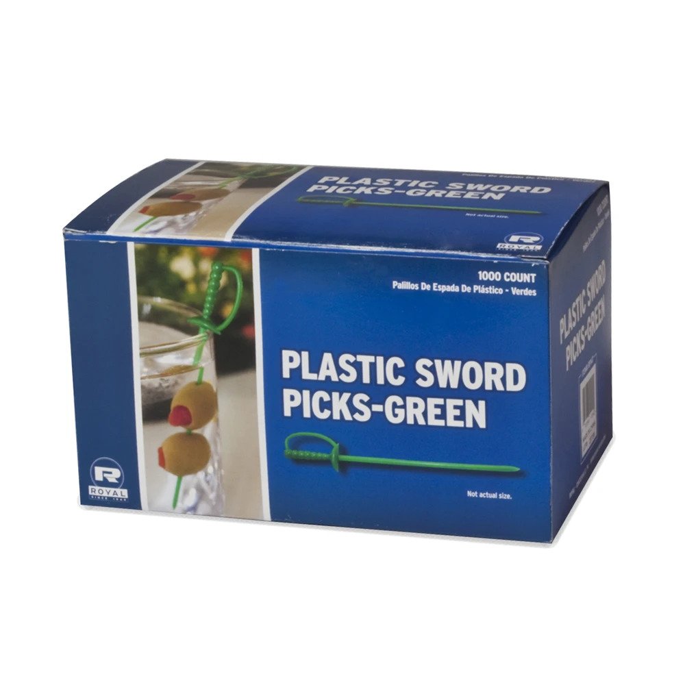 Royal Paper 1000/Box Green Plastic Sword 3.25" Cocktail/Appetizer Picks