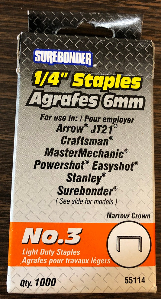 Surebonder 1/4" #3 Light Duty Staples (Narrow Crown) (1000 ct)