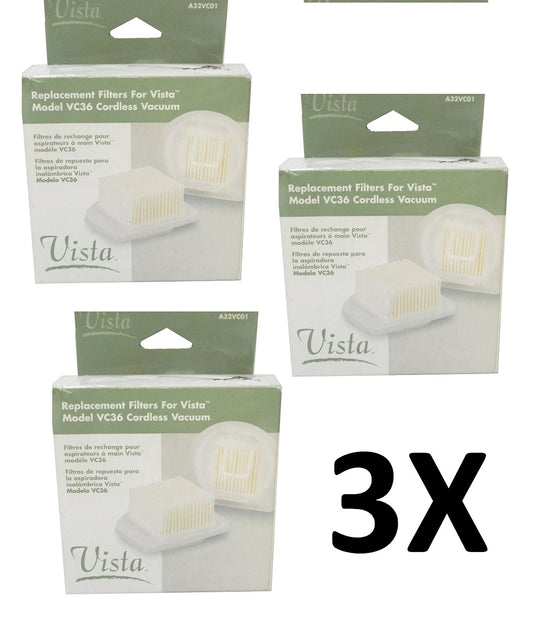 3X 2-Pk Vista Replacement Filters For Ryobi Vista Model VC36 Cordless Vacuums