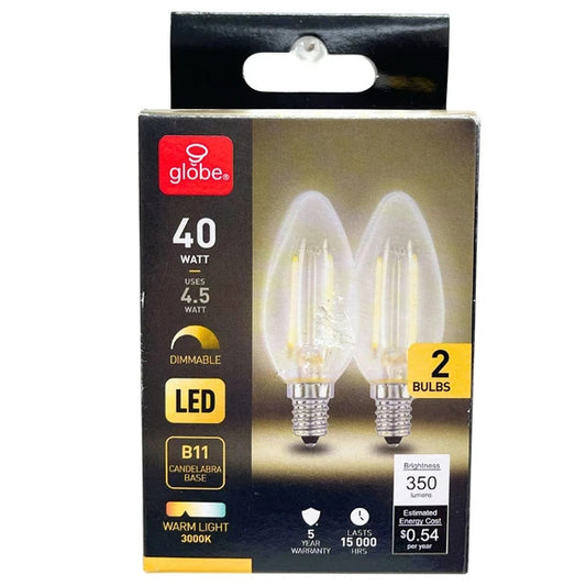 Globe 40 Watt B11 350 Lumen LED Candelabra Bulb 2 Pack
Globe 40 Watt B11 350 Lumen LED Candelabra Bulb 2 Pack
Globe 40 Watt B11 350 Lumen LED Candelabra Bulb 2 Pack

Globe 40 Watt B11 350 Lumen LED Candelabra Bulb 2 Pack